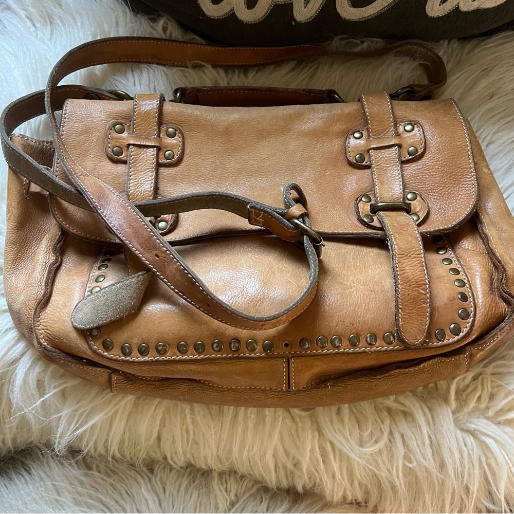 PATRICIA NASH genuine Italian Leather Classic Tan Leather Stud-Crossbody Bag